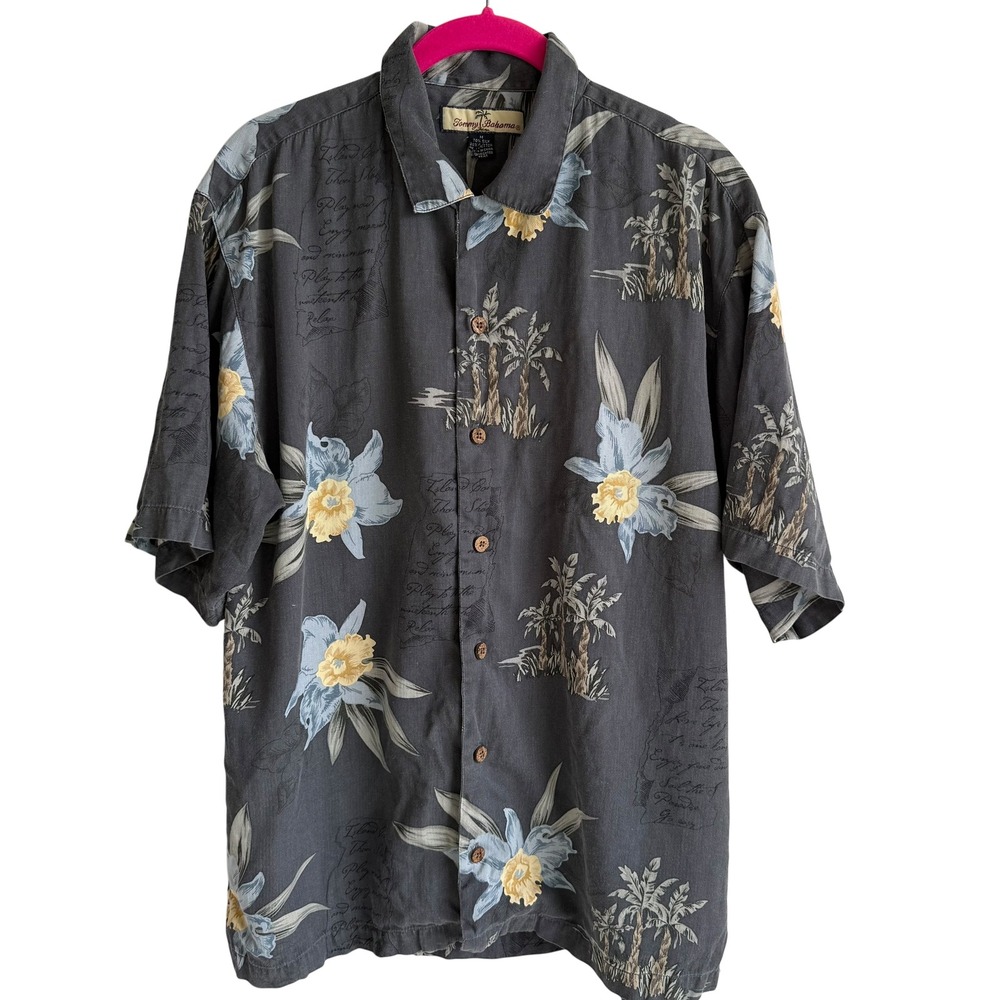 TOMMY BAHAMA Gray Silk Wooden Buttons Mens Hawaiian Button Down Shirt, M - Picture 1 of 7